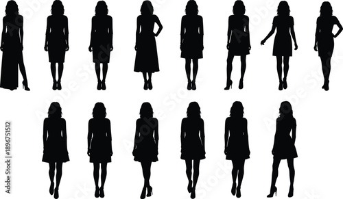 Female silhouette fashion set showing women standing and walking in dresses in black vector style for people, beauty and character design illustration