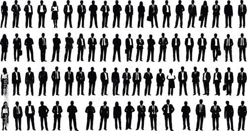 Business people silhouette mega collection showing professional men and women standing in corporate poses in black vector style for office design