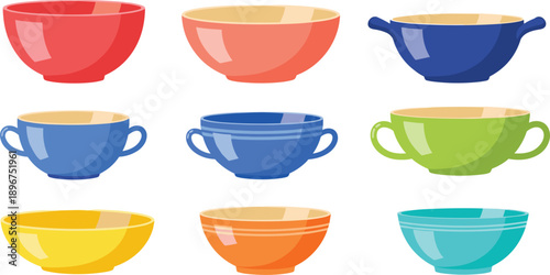Colorful Bowl and Soup Cup Vector Set with Kitchen Tableware Containers for Cooking, Dining, Food Serving, and Home Illustration Designs
