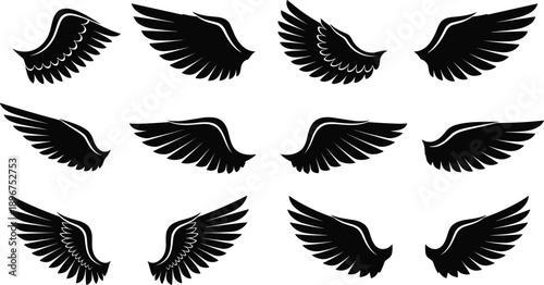 Flying wings silhouette set showing bird and angel feather shapes in black vector style for logo, tattoo, fantasy and decorative design illustration
