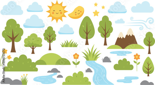 Cute Nature Landscape Illustration Set with Trees, River, Mountains, Sun, Moon, Clouds, and Outdoor Scenery for Kids Designs