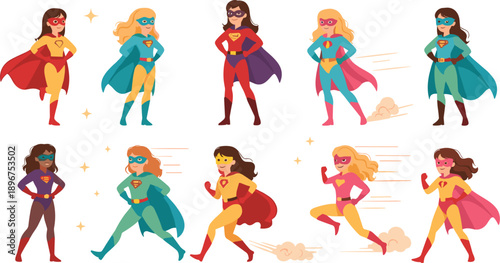Female Superhero Character Illustration Set with Powerful Women in Action Poses, Capes, and Costumes for Comic, Hero, and Cartoon Designs