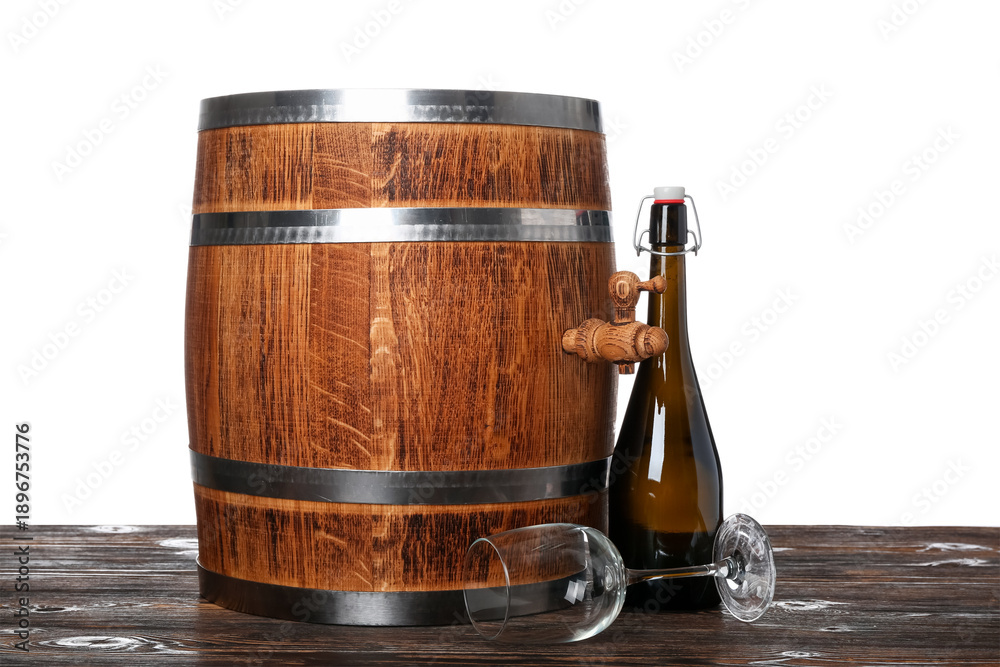 Fototapeta premium Wooden barrel with glass and bottle of wine on table against white background