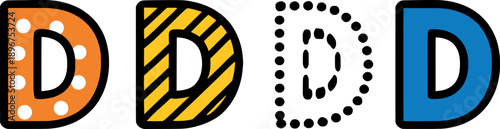 Clean uppercase letter D in four styles, suitable for education, branding, posters, logos, and kids design