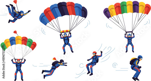 Skydiving and Parachuting Action Illustration Set with Extreme Sport Characters Performing Freefall and Landing Poses for Adventure and Sports Designs