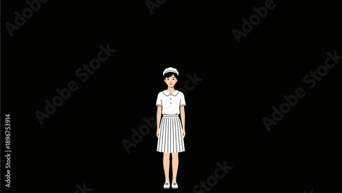 Professional cartoon young woman in white service uniform, standing with a cap, vector illustration for business, service industry.