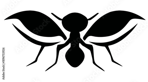 Minimal black silhouette of a winged insect or flying ant isolated on white. Simple graphic icon for design and pest control concepts.