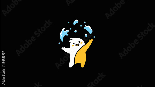 Playful White and Yellow Cartoon Character Juggling Blue Water Splashes. Cute Digital Illustration on Black Background.