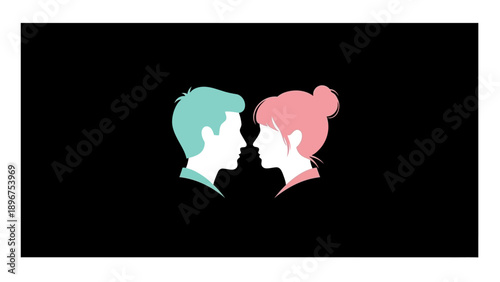 Romantic couple silhouettes in turquoise and pink facing each other. Minimalist vector illustration symbolizing love, connection, and relationship.