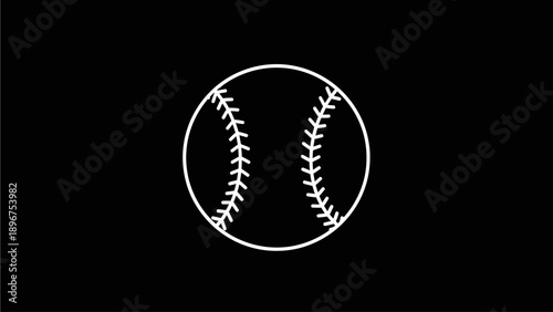 Minimalist white outline baseball icon on a black background, simple vector illustration for sports, games, and recreation design.