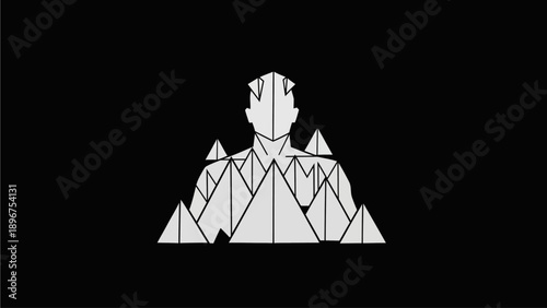 Abstract geometric human figure illustration with triangular facets and mountain shapes on a black background. Minimalist, modern art.