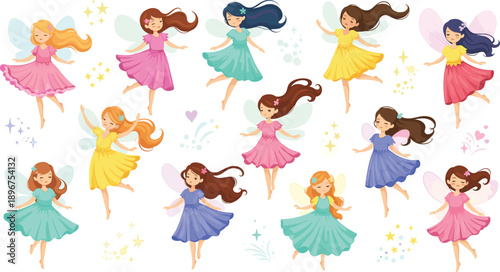 Cute Fairy Girl Character Illustration Set with Colorful Dresses, Wings, and Magical Poses for Kids, Fantasy, Storybook, and Cartoon Designs