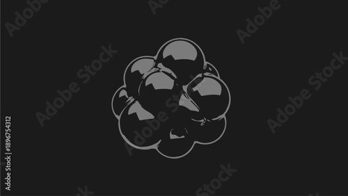 Abstract dark glossy spheres evolving, futuristic molecular or cellular structure animation on black background, science technology concept.