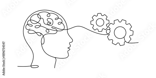 Mind and mechanical gears working together in a continuous line art drawing Vector, illustration