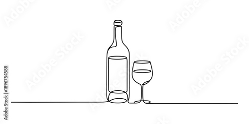 A continuous one-line drawing of a wine bottle and a glass on a white background Vector, illustration
