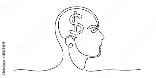 Schilderij op canvas Continuous line drawing representing a person's head with a dollar sign inside, symbolizing financial focus or obsession