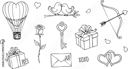 Valentines day doodles set. Love theme simple doodle illustration for design. Wedding elements, hearts, romantic icons. Love clipart, arrows, text, rings, letters, flowers, sweets.