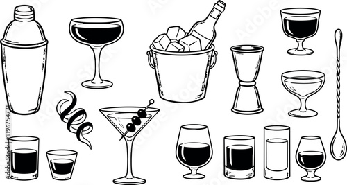 Black and white line art cocktail shaker, martini glass, ice bucket with bottle and bar tools collection of drinking glasses