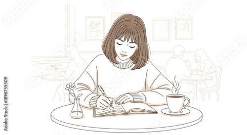 A young woman immersed in writing at a cafe surrounded by a serene atmosphere illustration