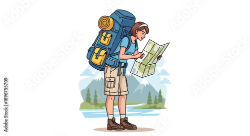 Cartoon illustration of a hiker woman with a large backpack consulting a map in nature