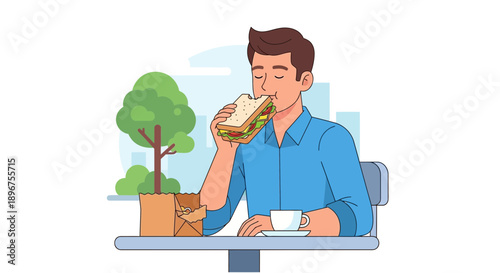 Cartoon illustration of a man enjoying a sandwich and coffee outdoors feeling contented and relaxed