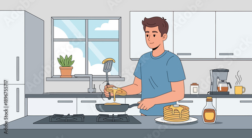 Cartoon illustration of a man cooking pancakes in a modern kitchen setting with breakfast items