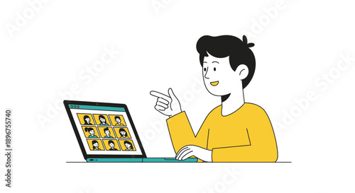 Cartoon illustration of a man participating in an online video conference call with colleagues