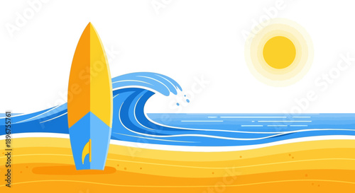 Cartoon vector of a surfboard on a sandy beach with a wave and sun perfect for vacation or travel
