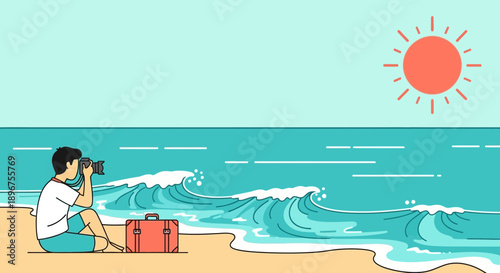Cartoon illustration of a man taking a picture on the beach with his suitcase in summer vacation