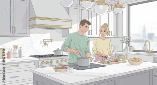 Charming couple preparing a meal together in their modern kitchen illustration design scene