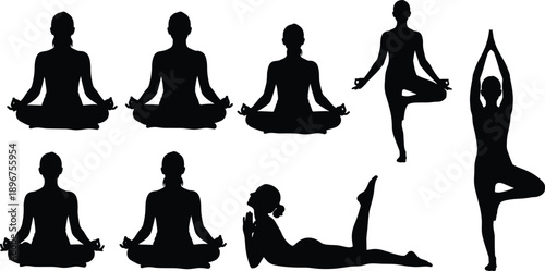 Black Silhouette Set of Woman Doing Yoga Poses and Meditation Exercises in Various Positions Isolated on White Background for Wellness