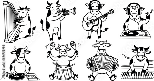 Black and white cartoon cows playing harp trumpet guitar dj maracas drum accordion piano musical instruments