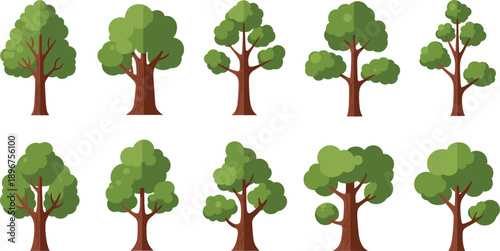 Flat forest tree icons cartoon summer nature vector set