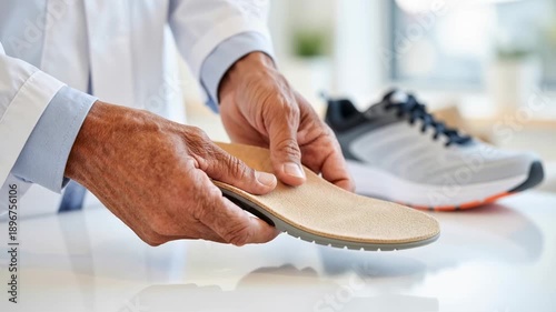 close up video of orthopedist bending and pressing orthopedic insole to show flexibility and resistance, explaining foot support and medical footwear solution