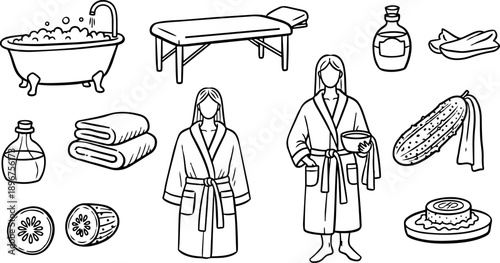 Line art spa essentials with bathtub filled with bubbles massage table robes essential oils cucumber slices and towels
