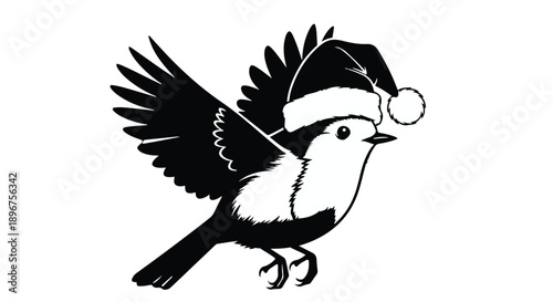 Charming festive bird flying with a whimsical Santa hat design, perfect for holiday greetings and seasonal joy