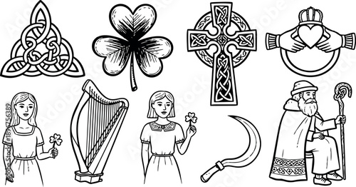Black and white line art collection of irish celtic symbols sacral harp shamrock girl holding flower saint patrick with sickle and claddagh ring