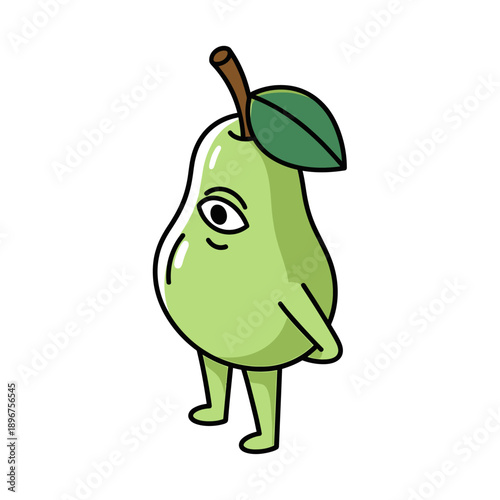 A cartoon pear character with a face and arms standing.
