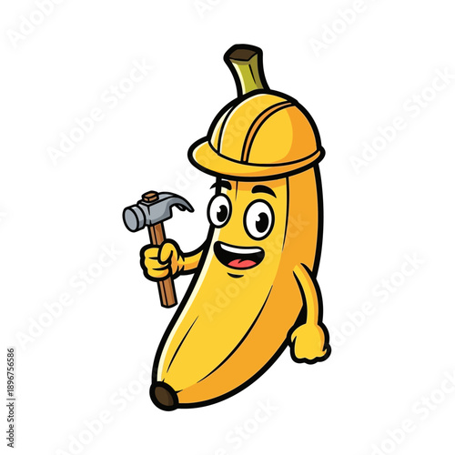 Cartoon banana character wearing a hard hat and holding a hammer.