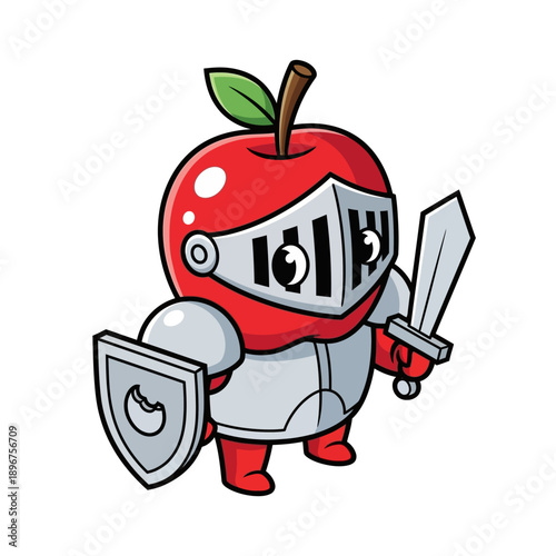 Cute Apple Knight Character Holding Shield and Sword.