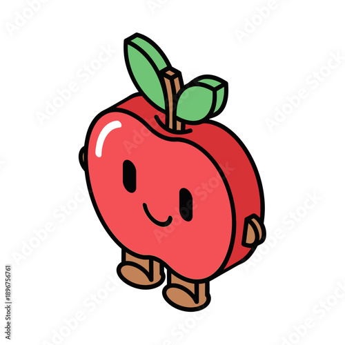 Cute cartoon apple character with a happy face and legs.