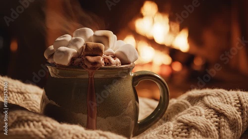 Steaming Hot Chocolate Mug with Marshmallows by a Cozy Fireplace