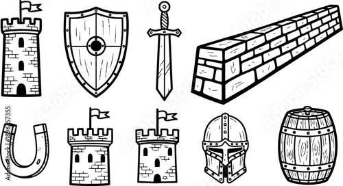 Black and white line art illustration of medieval castle towers sword shield helmet horseshoe barrel and stone wall icons