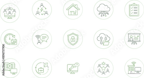 Business technology service line icons vector set, cloud security support management symbols, modern green outline illustration collection