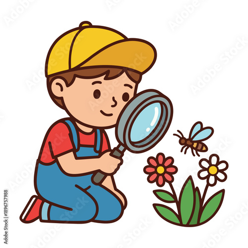 Young Boy Exploring Nature with Magnifying Glass in Garden