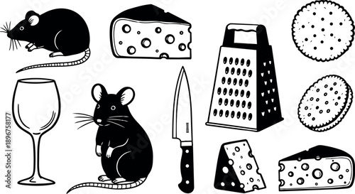 Line art close up composition of two mice with cheese, grater, knife, wine glass and crackers, high contrast illustration vector style