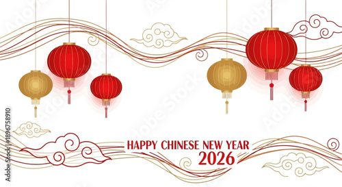 Illustration of red and gold Chinese New Year 2024 decorations with 'Happy Chinese New Year 2026' text on a white background, featuring a Fire Horse icon.
