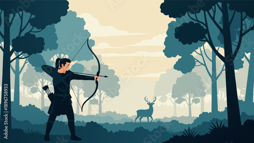 Vector illustration of archer aiming bow at deer in serene forest landscape from a distant viewpoint