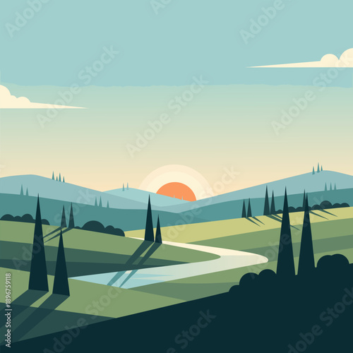 Calm vector illustration of a minimalist landscape rolling hills, winding river, and a tranquil sunrise or sunset vista