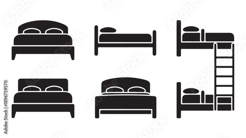Collection of diverse bed icons showcasing different styles including double beds, single beds, and bunk beds, perfect for interior design and furniture websites